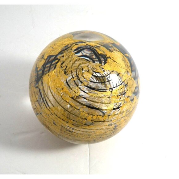 Handcrafted Glass Art Sphere With Gold Leaf & Swirling Black Pattern 4" Diameter - Picture 2 of 6